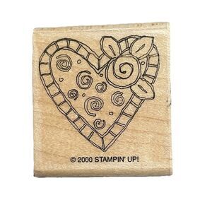Wood Mount Rubber Craft Stamp 2000 Stampin’ Up Heart with Rose & Swirls EUC